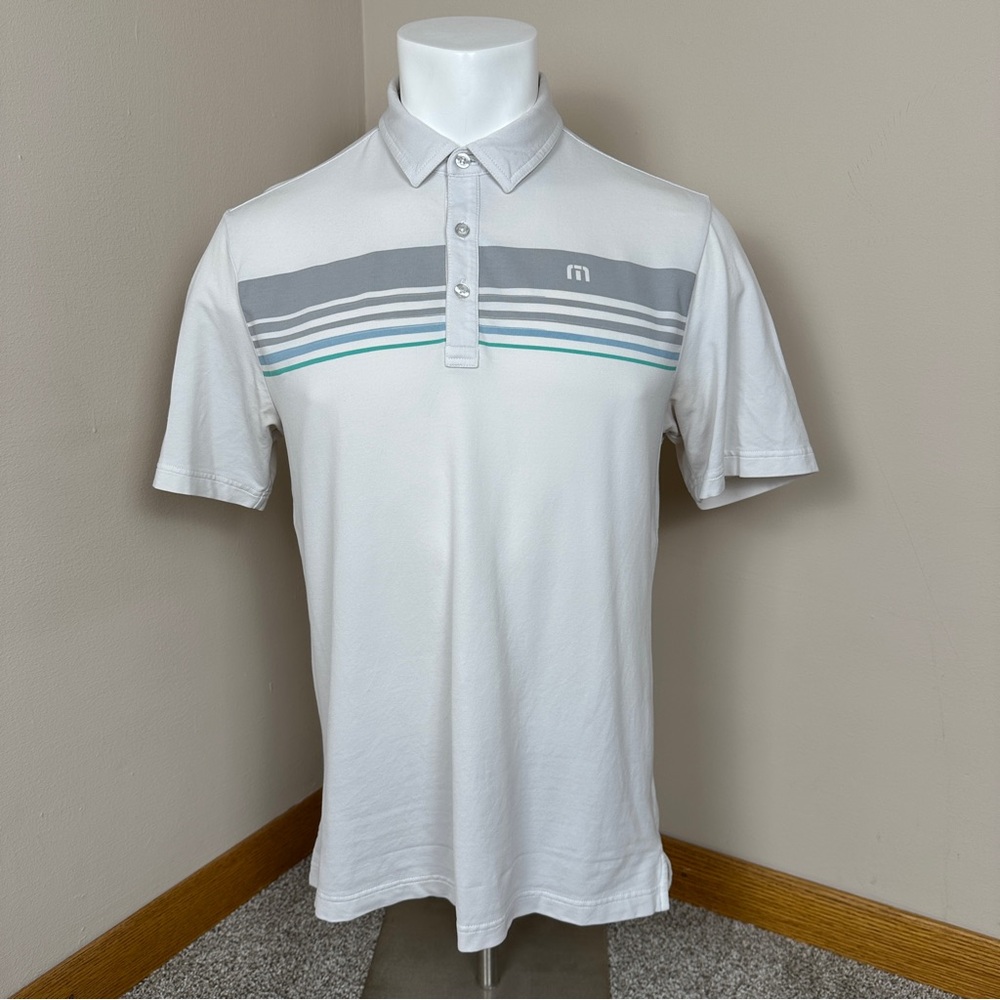 Travis Mathew White Golf Polo Shirt with Blue and Gray Stripes